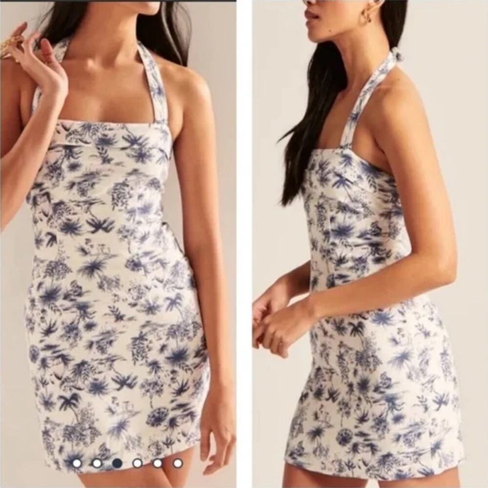 Abercrombie & Fitch Halter Mini Dress Linen Blend Tropical Toile Floral White - Picture 12 of 12